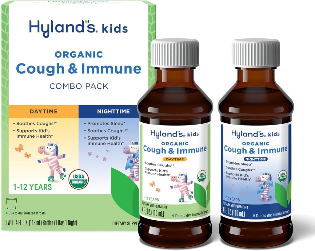 Hyland 's Kids Organic Cough and Immune Day and Night Combo Pack, Eases Coughs, Supports Immunity, Promotes Sleep, Two 4 Fl Oz.
