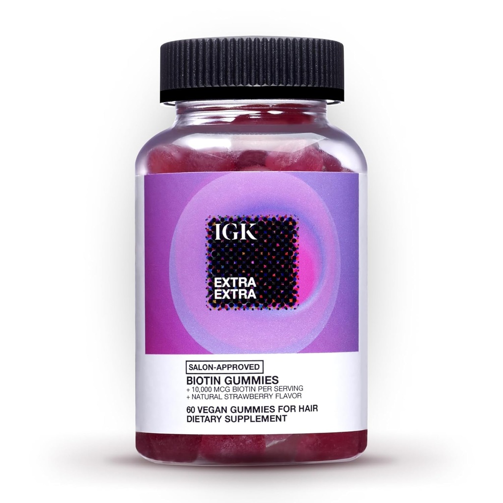 IGK Biotin Hair Gummies 10.000mcg Biotin (60 Count), Strawberry Flavored, Gummies Perkembangan Rambut untuk Rambut sehat, Skin & Nails, Vegan, Bantuan Rambut Tempur & Thinning