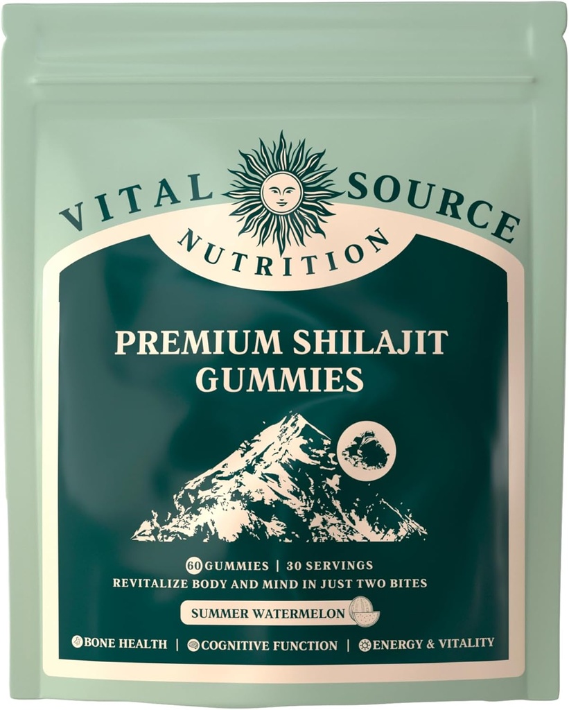 Nutrition Sumber Vital - Premium Shilajit Gummies - Bone, Brain, Energy & Vitalitas Dukungan - Himalaya Organik Shilajit - Vegan, Gluti - Free & Halal - Musim panas Watermelon - 60 Gummies - 30 Pelayan