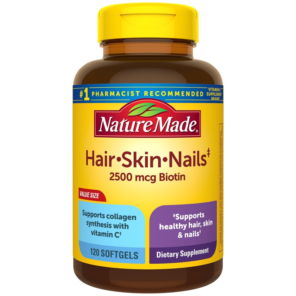 Nature Made Hair Skin and Nails with Biotin 2500 mcg, Dietary Supplement for Healthy Hair Skin and Nails Dupport, 120 Softgels, 120 Day Suppply