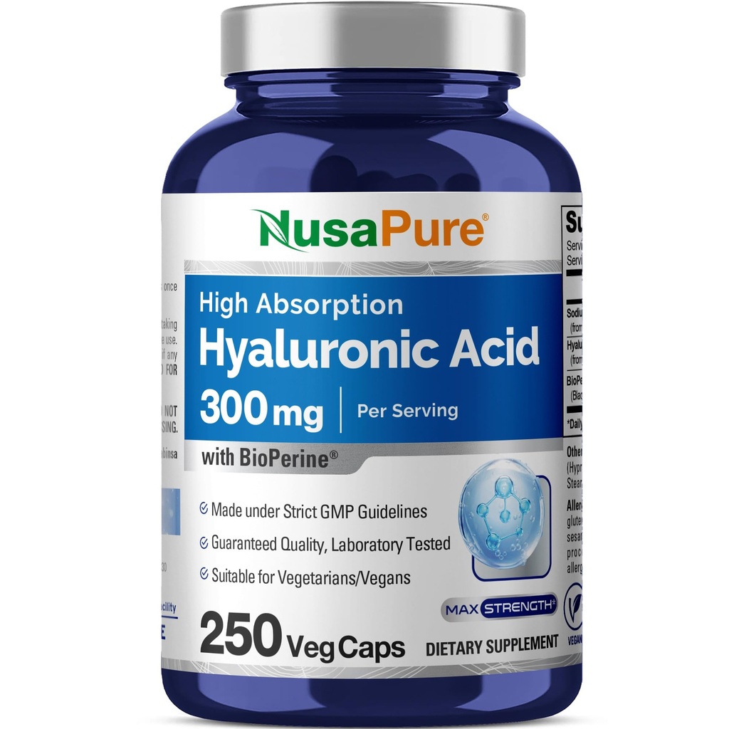 NusaPure Hyaluronic Acid 300mg 250 Veggie Capsules (Non- GMO, Vegan)