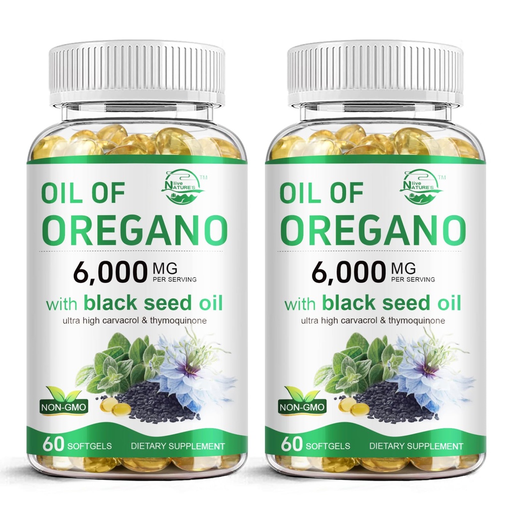Nature 's live Oil of Oregano with Black Seed Oil, 2 in 1 Oregano Suplement for Immune Health, Mempertahankan tinggi Carvacrol & Thymoquinone, Non-GMO, 60 Softgels, 2 Pack