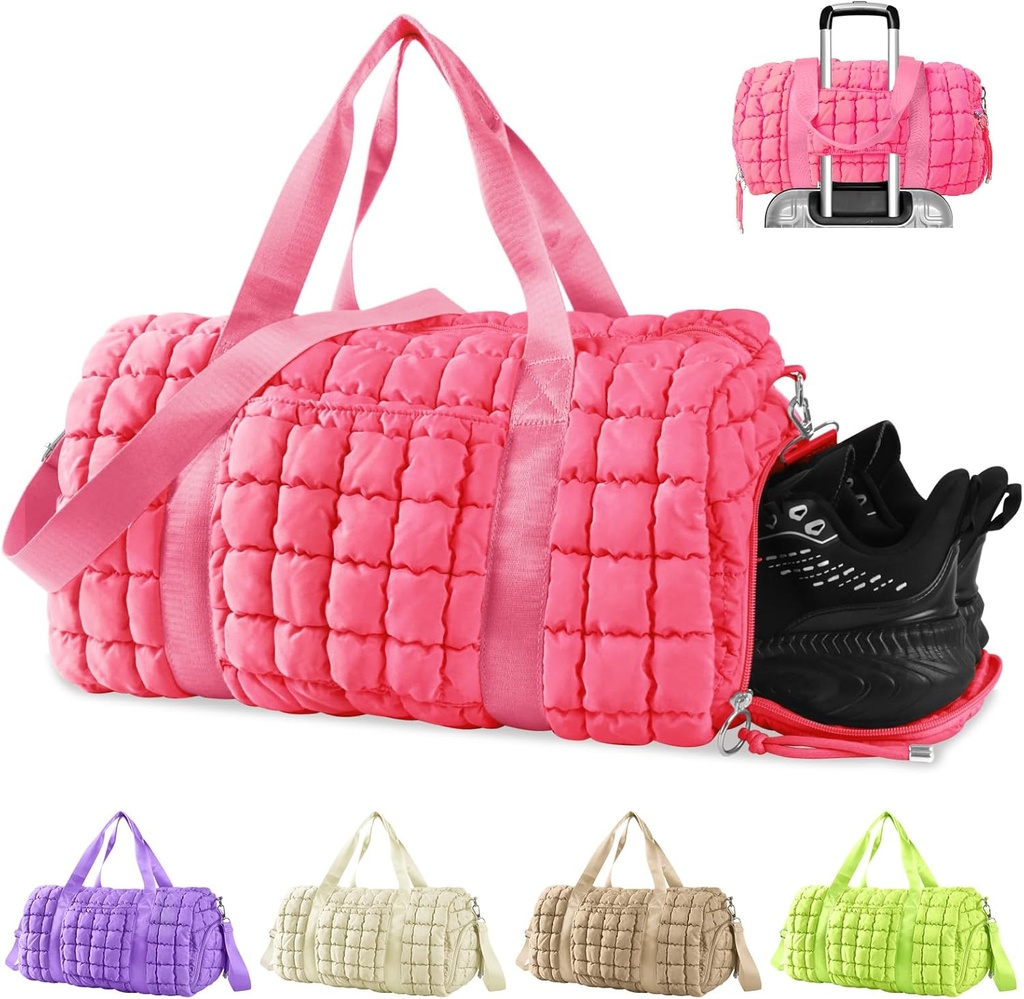 Quilted Gym Bag Duffle for Women, Duffle Bag for Travel for Shoes Complets, Puffer Weekender Bags Overnight Carry On Bag with Trolley Sleeve for Airplanes, Personal Item Sports Duffel Dance Bag (Pink)
