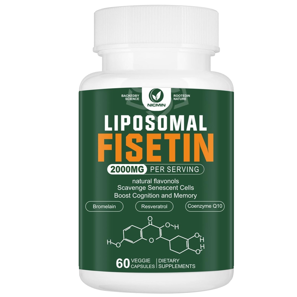 Tambahan Lipomal Fisetin, 2000MG, 98% Murni Fisetin Polyphenidlants, dengan Quercetin, TMG dan Resveratrol, untuk Penuaan Kesehatan, Cognitive Dukungan, 60 Capsules