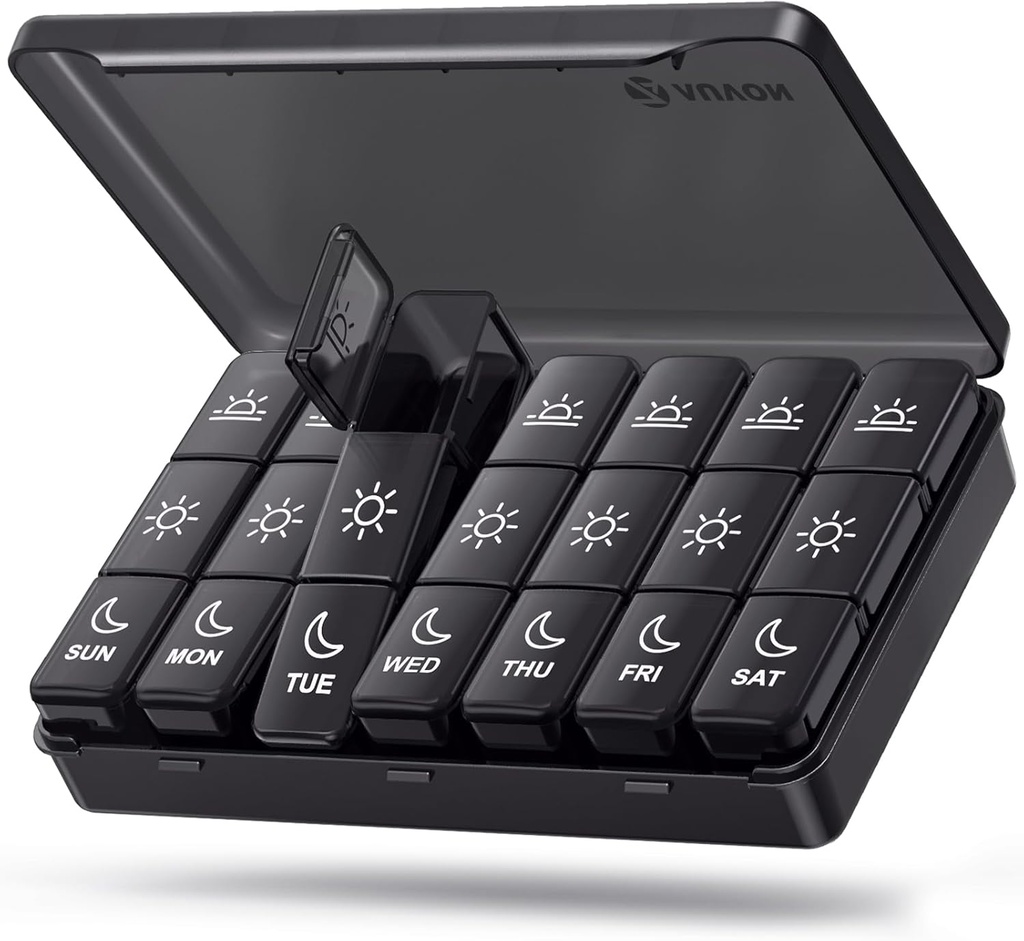AUVON Weekly Pill Organizer 3 Times sehari, Kotak Pil Besar 7 Hari dengan Perlindungan Dual untuk Perjalanan, Kasus Pil Hitam untuk Perlindungan Privasi, Pensil Bukti Penyakir untuk Kesehatan, Vitamin, Oil Ikan