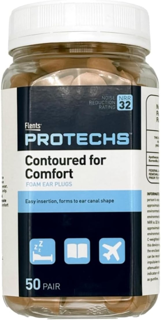 Flents Protechs Disposable Foam Ear Plugs, Contaired for Comfort, Ideal for Work, Loud Noise, Heavy Machmework, Construction, Studying, Shooting & Traveling, NR32, Beige, Easy to Use, 50 Pair