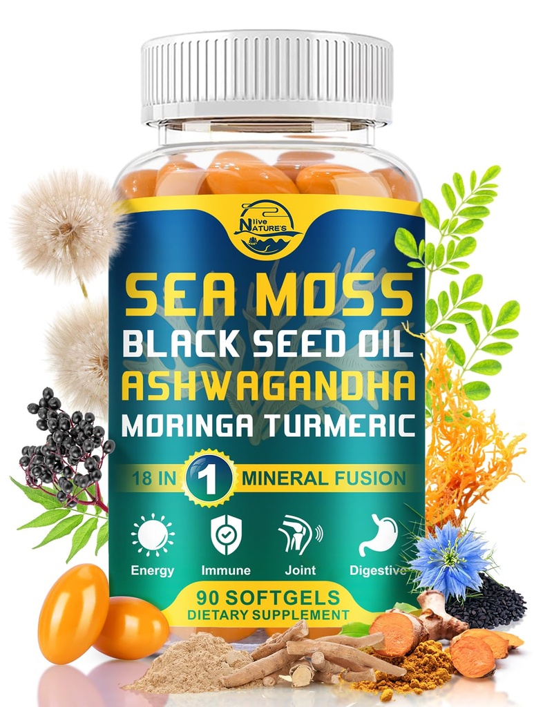 Nature 's live Organic Sea Moss Softgeels, with Black Seed Oil, Ashwagandha, Bladderwrack, Ginger, Burdock Root, Manuka Honey, Cinnamon for Immune System, Skin, Energy, 90 Softgels, 1 Pack