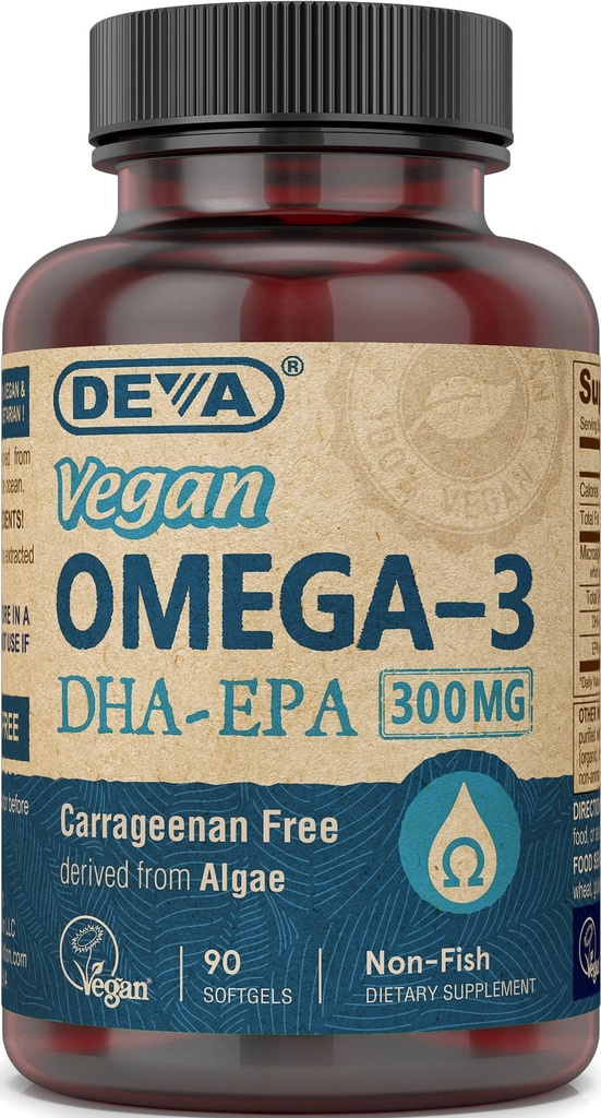 DEVA Vegan Omega-3 DHA- EPA 300MG - Tidak Carrageenan, Non-Fish Oil Derived dari Algae, Non- GMO, 90 Glatin- Free Softgelels