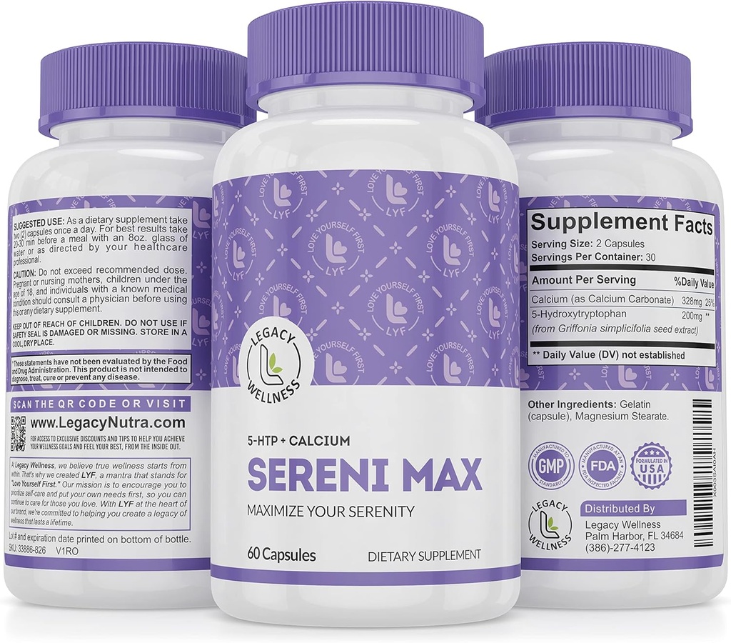 SERINI- MAX - 5- HTP Mood Supplement + Calcium - Dupport Cry & Peadeous State of Mind - Boost Serotonin, 5HTP 200mg for Stress Management & Sleep Supplemen - 60 Capsules