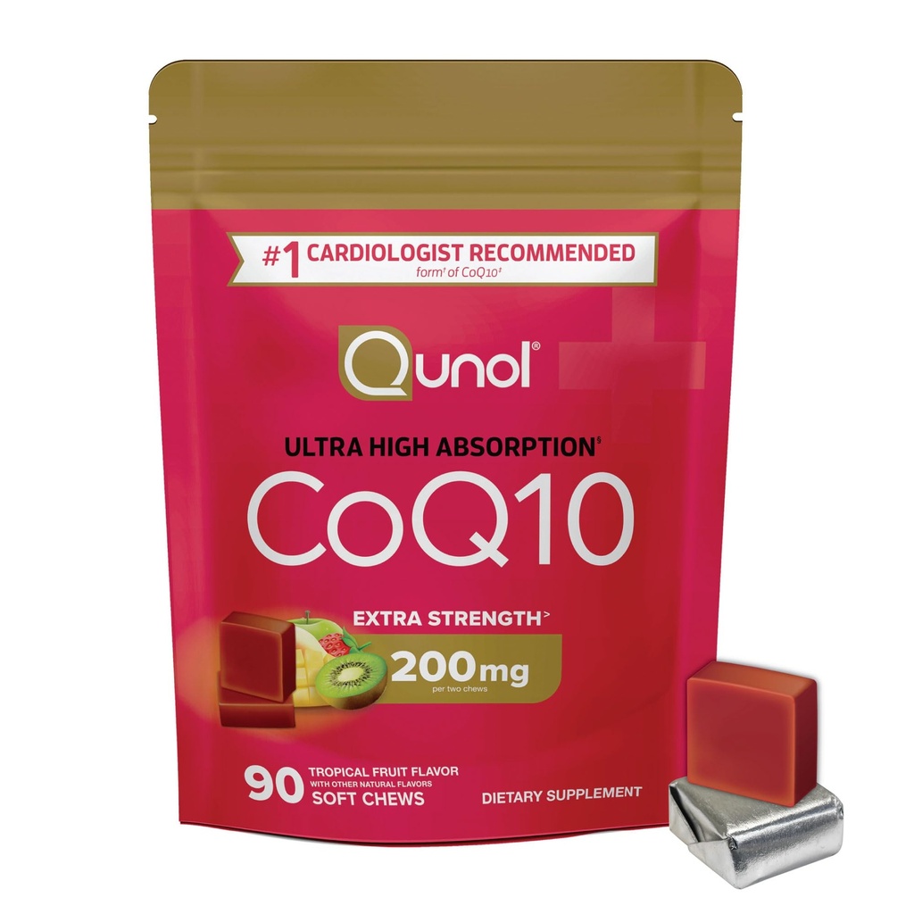 Qunol CoQ10 200mg Soft Chews, Ekstra Kekuatan & Ultra Tinggi Absorpsi Koenzim Q10 Suplemen, # 1 Cardiologist Disarankan Tambahan untuk Kesehatan Jantung, 90 Count