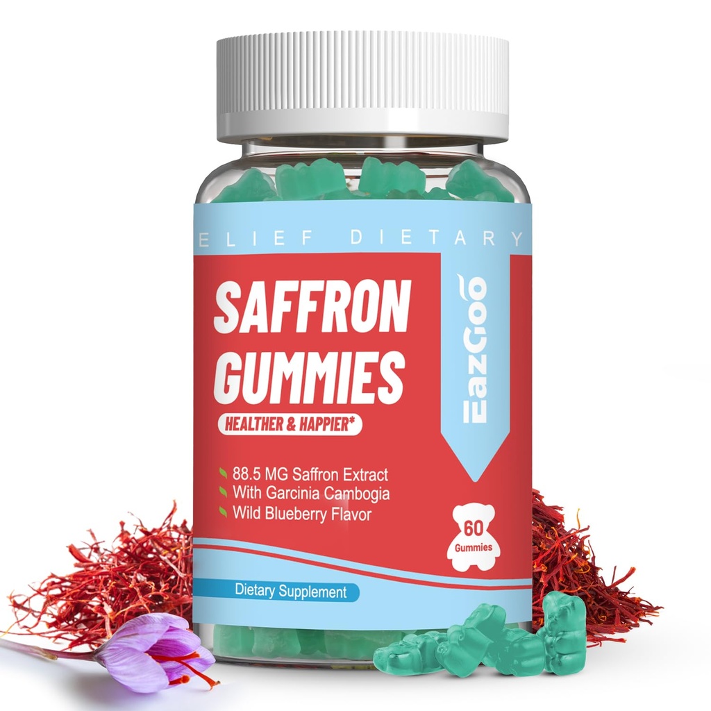 Saffron Suplemen Gummies, Saffron Extract for Positive Mood & Tenang Nerve, Boost Energy, dengan Garcinia Camigia, Vitamin A, B12, Rhodiola Rosea - 60 Gummies