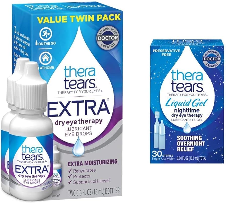 TheraTears Extra Dry Eye Therapy Lubricating Eye Drops for Dry Eyes, 0.5 fl oz Bottle, 2 Count (Paket 1) & Liquid Gel Malam Hari Lubricating Eye Drops for Dry Eyes, Single- Gunakan Vials, 30 Count