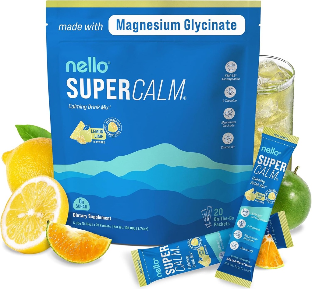 Nello Minuman Supercalm Mix - Ashwagandha KSM 66, Magnesium Glycinate & L-Theanine Suplemen, Vitamin D3 - Ashwagandha Root Extract - Fokus dan Dukungan Relaksasi (20 Paket Perjalanan) - Lemon Lime