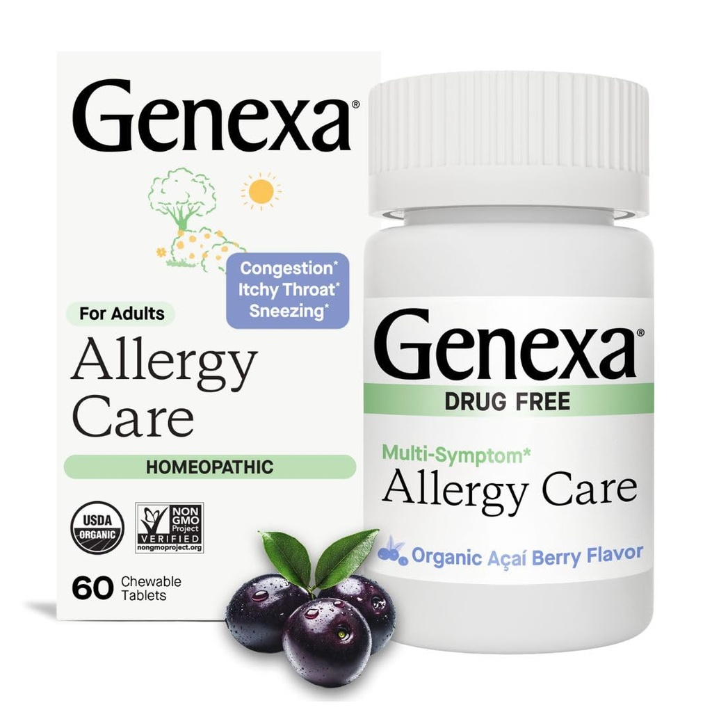 Genexa Allergy Care Allergy, Drug Free, Non-Drowsy Allergy & Decongestant Remdy for Adulants 126; Vegan & Non- GMO 124; Homepathic Allergy Relief Made Clean 124; Organic Acai Berry Flavor 124; 60 Chelable Tablets