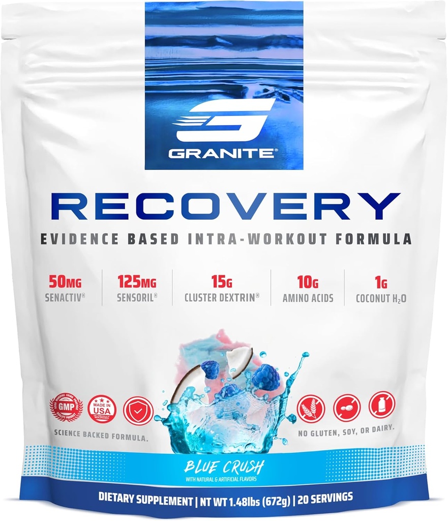 Granite Recovery Intra dan Post-Workout Suplemen, Blue Crush Flavor, dengan 10g Aminos, Electrolite, Cluster Dextrin, & Sensoril, Mendukung Pemulihan Otot (20 Pelayan)