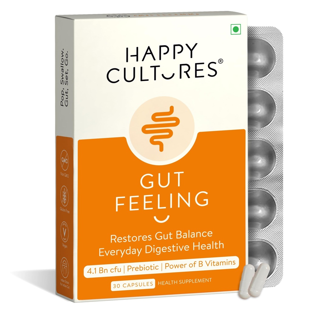 Happy Cultures Gut Feeling Distraffic Suplement Unique Blends for Daily Digetical Health B- Vitamin Suplement for Bloating, IBS, Ditraffic Clinical Tested - 30 Veg Capsules