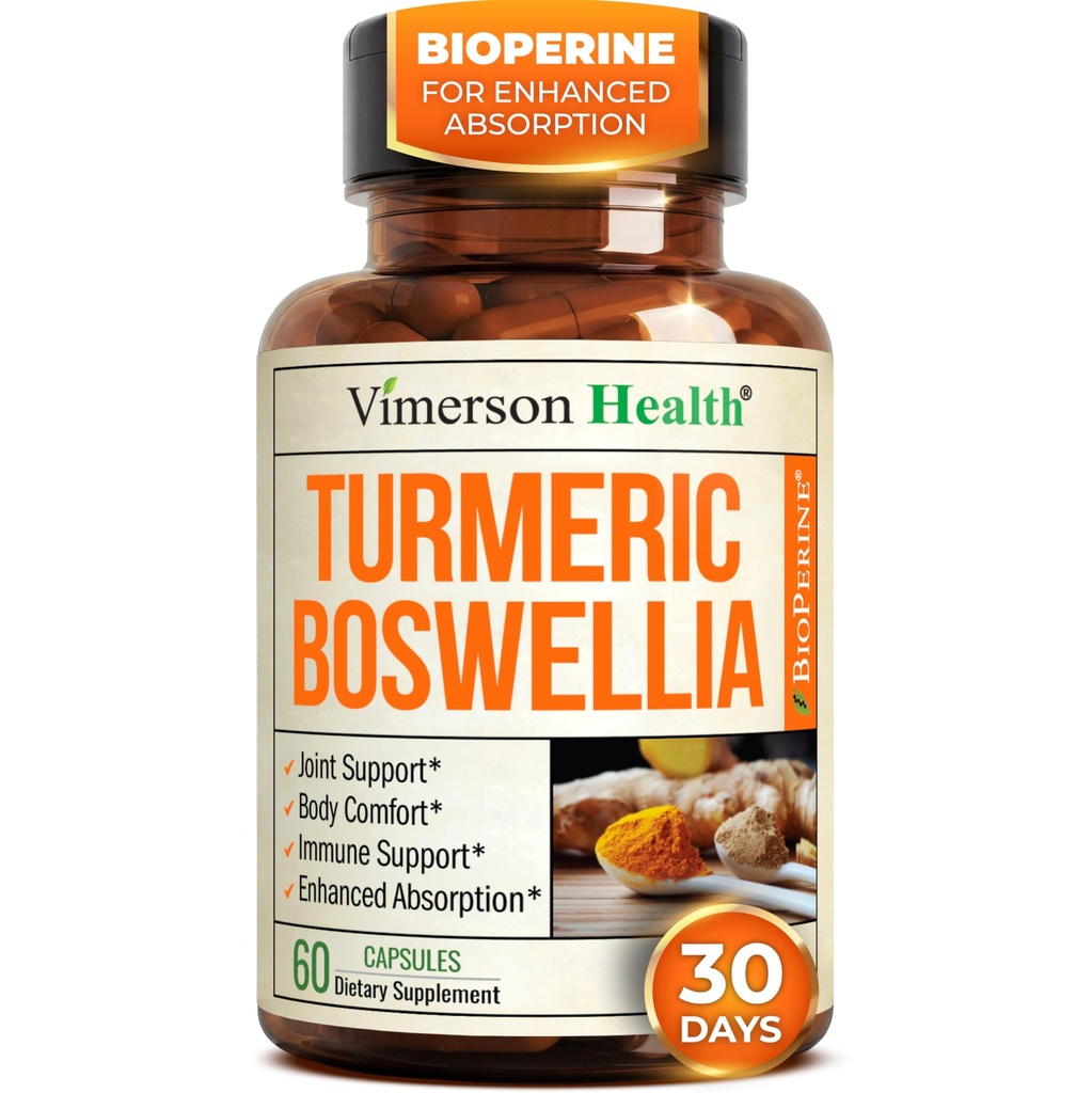 Boswellia Serrata Turmeric Tambahan untuk Dukungan Gabungan & Inflammasi Keseimbangan - Turmeric Boswellia Tambahan dengan Ginger & Black Pepper Extract for Enhanced Absorpsi - Non-GMO - 60 Kapsul