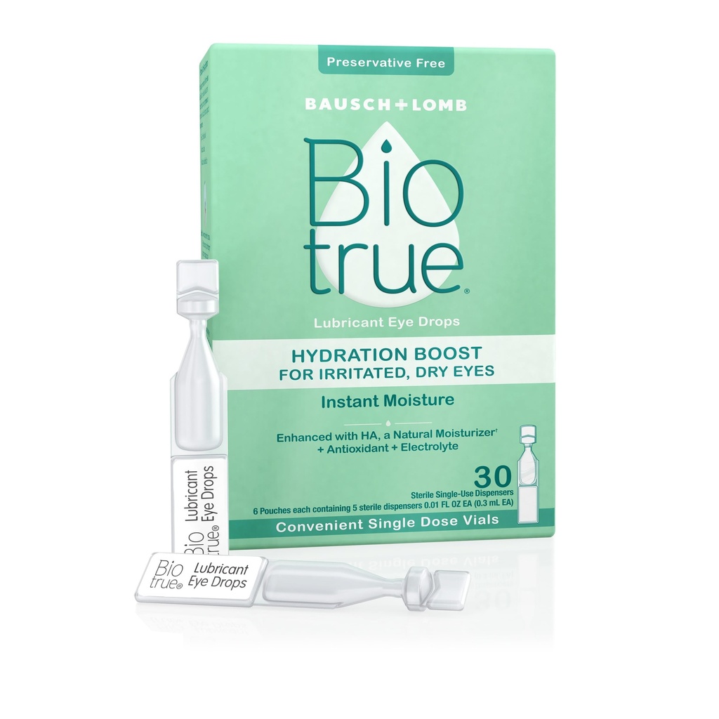 Biotrue Hydration Boost, Preservative- Free Eye Drops for Dry Eyes, Instantly Moisturizes, Rehydrates, Contact Lens, Refresh & Relieve Eye Irritation, 30 Single- Gunakan Vials (Paket 1)