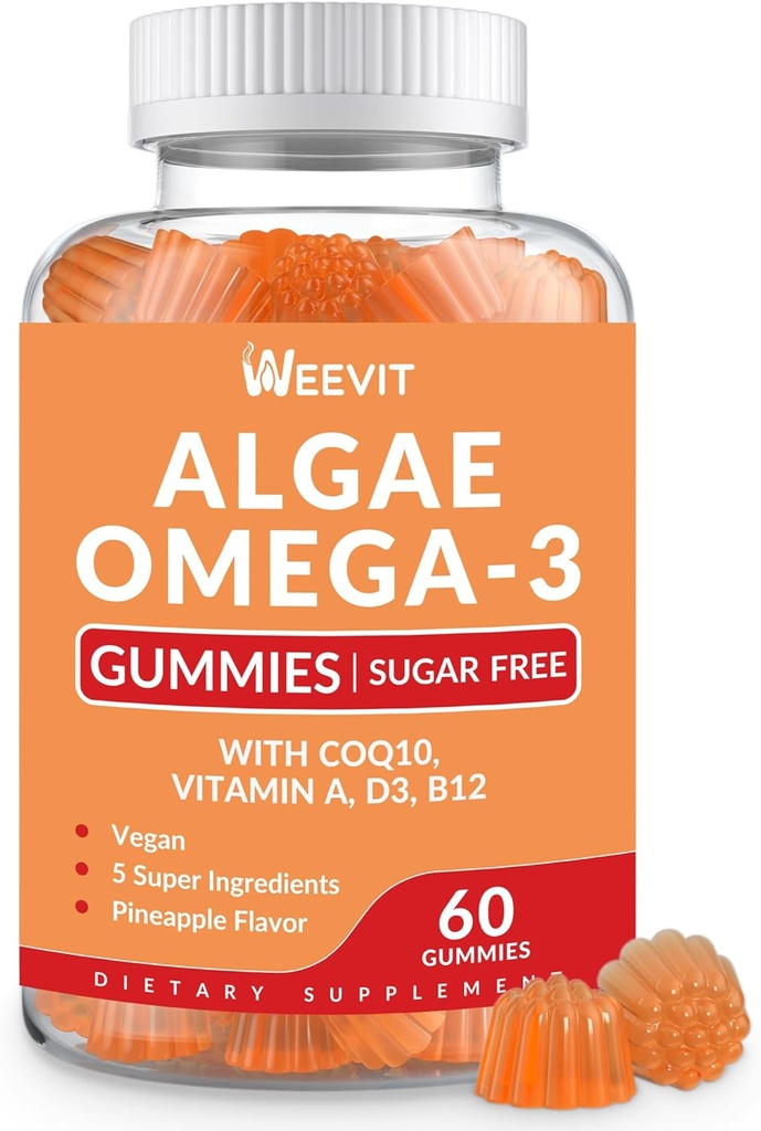Sugar Free Omega 3 Gummies, Algae Omega 3 Tambahan untuk Dewasa, Omega 3 DHA 240mg, EPA 110mg w / Vitamin B12, CoQ10