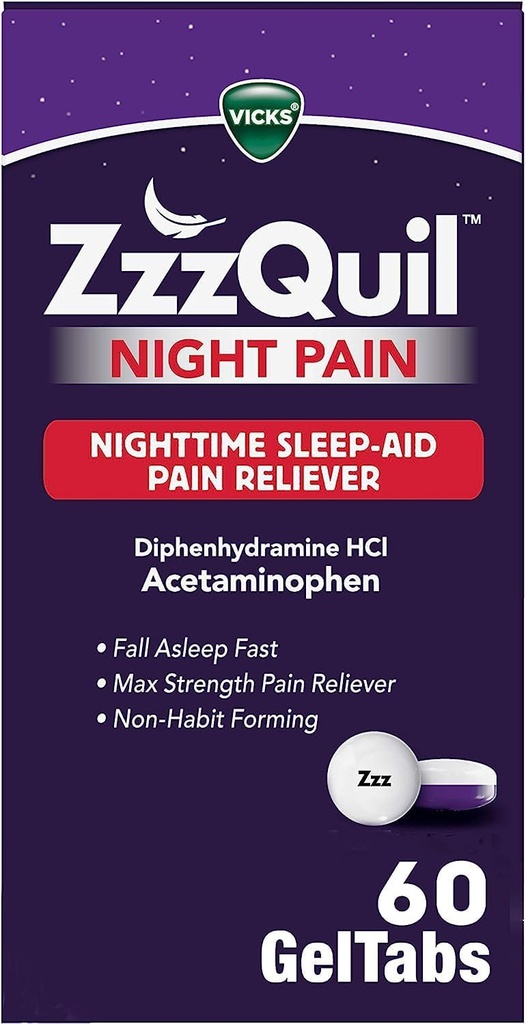 ZzzQuil Night Pain Geltabs, Relief Pain malam hari, Sleep Aid Talets, Diphenhydramine HCI dan Acetaminopenhen, No.1 Sleep Aid Brand, Max Kekuatan Reliever, 60 GelTab