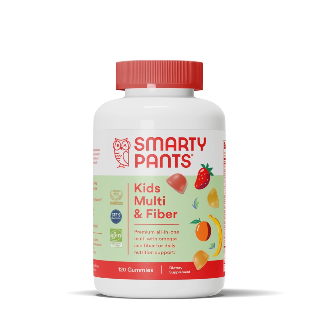 SmartyPants Kid Multivitamin Gummies and Fiber Supplement: Vitamin D3, C, Vitamin B12, B6, A, Zinc, Biotilin, Inosiol, Gummies Fiber, Three Fruit, 120 Count (30 Hari Supply)