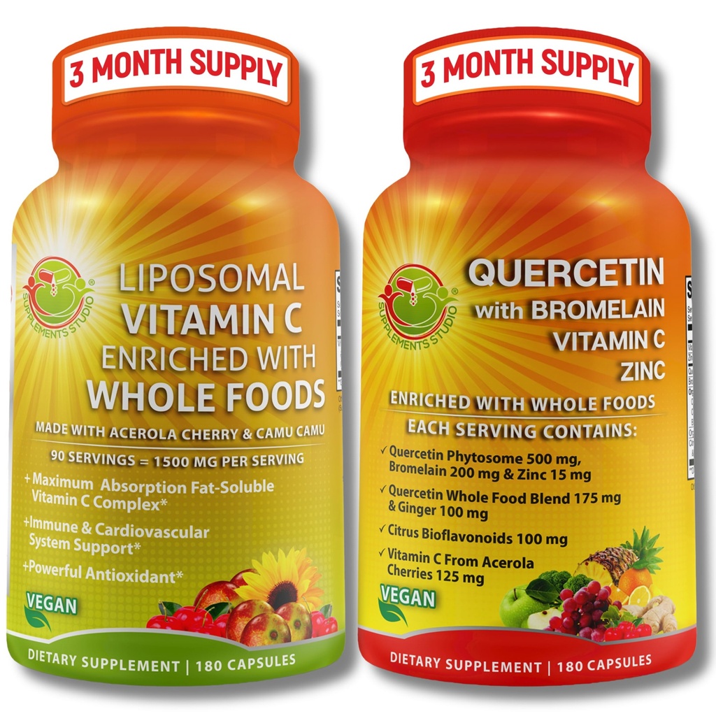Quercetin dengan Bromelain, Vitamin C & Zinc + Lipomal Vitamin C 1500mg - Imune Dukung Bundle dengan Organik Acerola Cherry, Camu Camu & Citrus Bioflavanoid - Vegan, Non-GMO, Clean Wellness Support