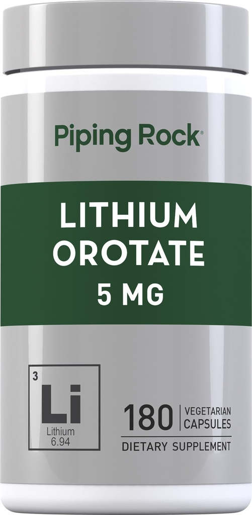 Piping Rock Lithium Orotasi Supplement 126; 5mg 124; 180 Capsules 14; Non-GMO, Gluten Free