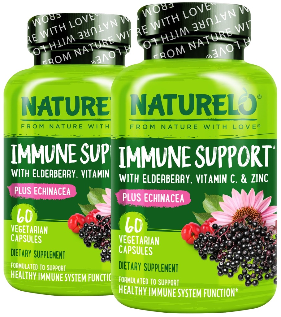 NATURELO Imune Dukung Vitamin C, Elderberry, Zinc, Echinacea Natural Immunity Boost w / Antioksidant, Herbal & Mineral Pertahanan - 60 Vegan Capsules (Paket 2)