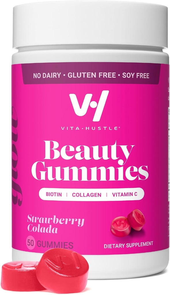 Gumi Kecantikan VitaHustle, 2500 mcg Biotin, 100 mg Collagen, Vitamin C, B-Complex, Strong Hair, Skin Nails, Low Sugar, Non GMO, Strawberry Colada, 50 Count