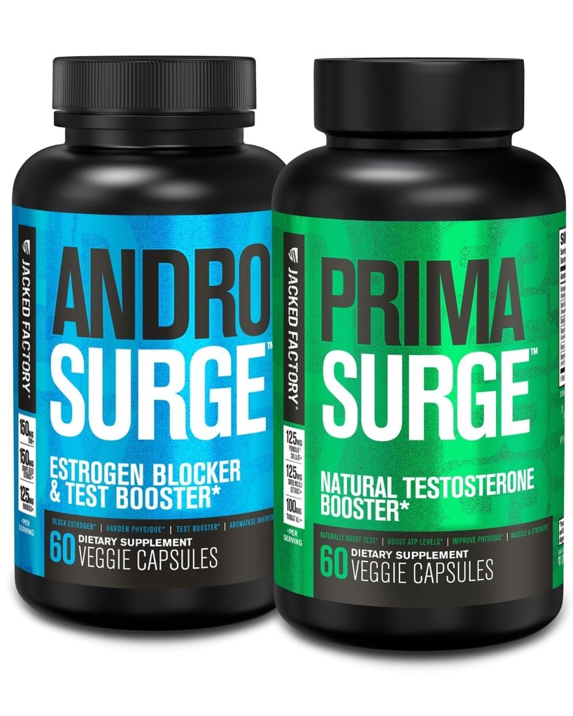Jacked Factory Testosterone Booster untuk Pria 124; Estrogen Blocker dengan Tongkat Ali - Androspurore Anti- Estrogen + Primones Natural Test Booster - untuk Pembiakan Otot, Vitalitas, Energi, 30 Hari Supply