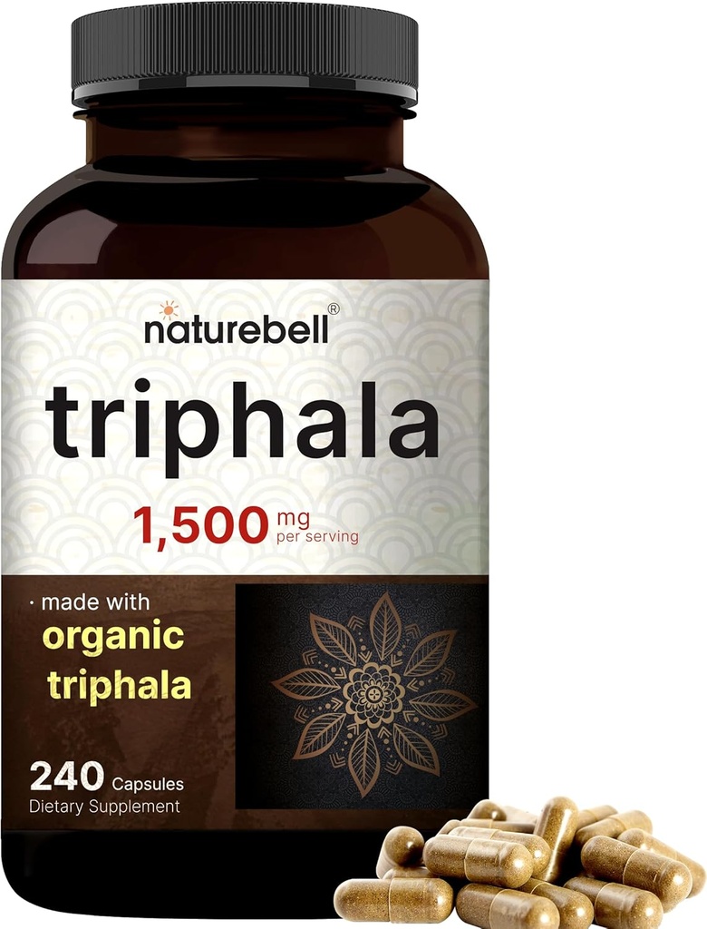 NatureBell Triphala Kapsules Suplemen, 1.500mg Per Serving 124; Dibuat dengan Organik Amla, Bibhitaki, Haritaki Fruit Powder - Support Kesehatan Digetical - Double Kekuatan, Non-GMO
