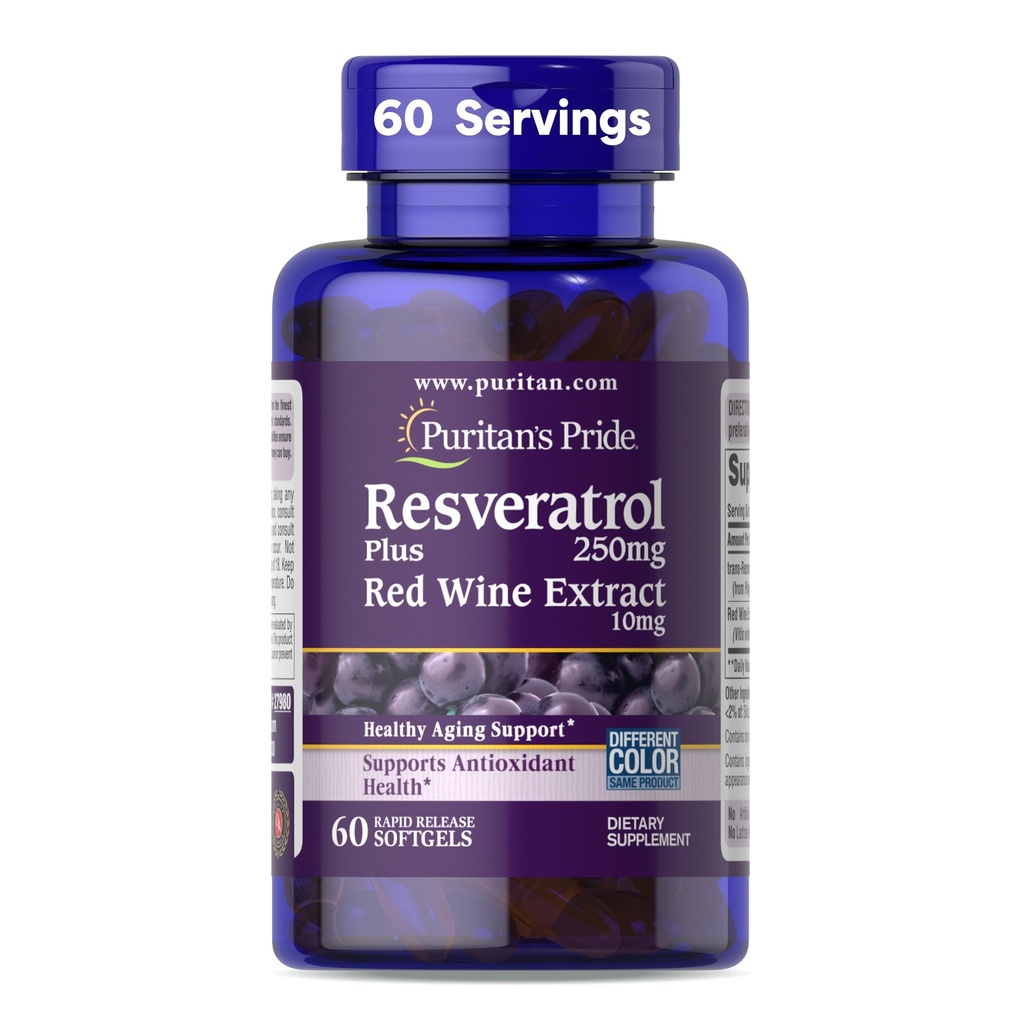Puritan 's Pride Premium Resveratrol Youth Guard ™ 250mg, Dietary Suplement for Immune System, Antioksidant, Sugar Metabolisme, Blood Flow, and Vascular Protection, 60 Rapid Rapid Lepaskan Softgels