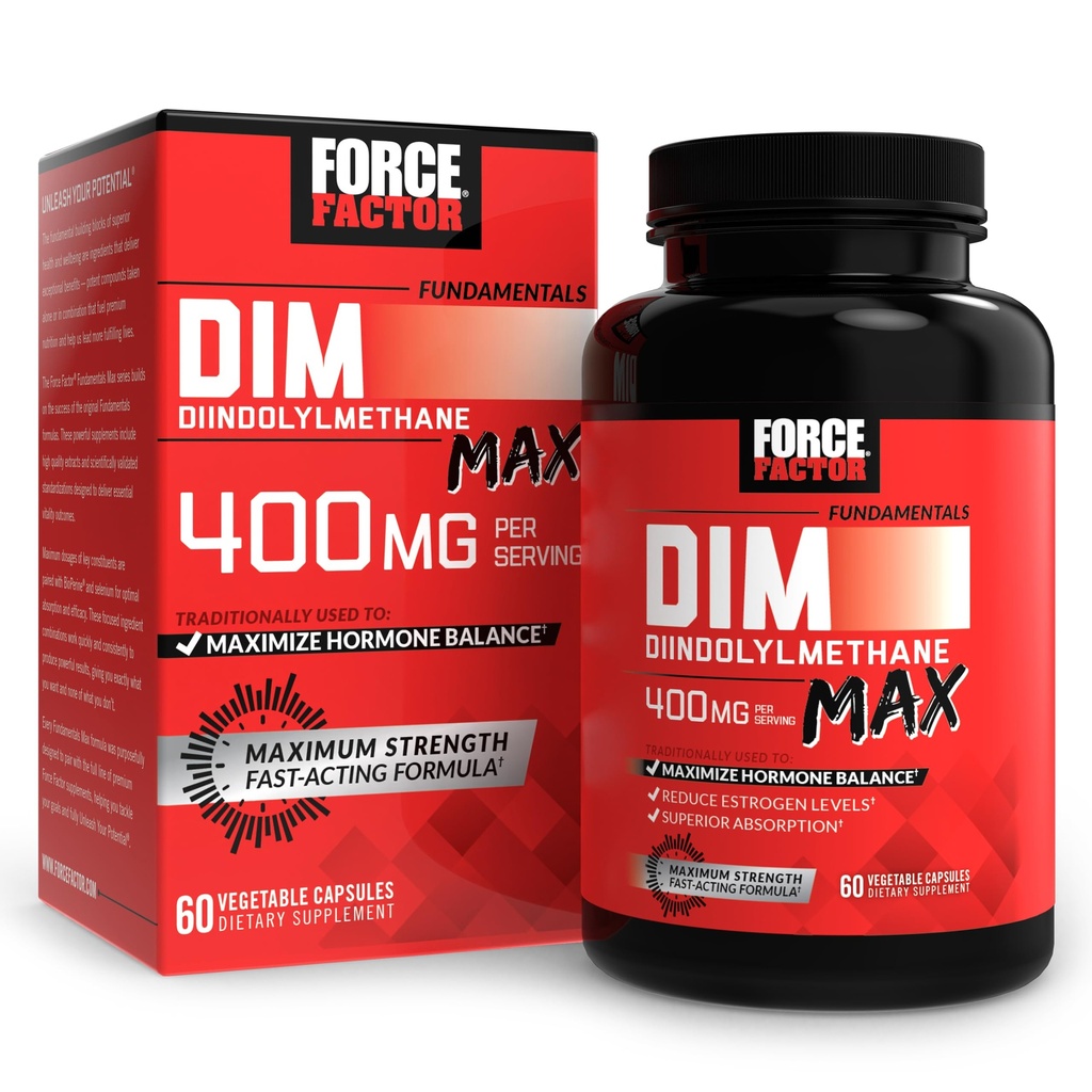 FORCE FACTOR DIM Max, DiM Supplemen 400mg, Estrogen Saldo for Women & Men, Ekstra Kekuatan untuk Hormonal Acne, Metabolisme, Menopause, PCOS, Diindolymetana, Absorpsi Superior, 60 Capsules