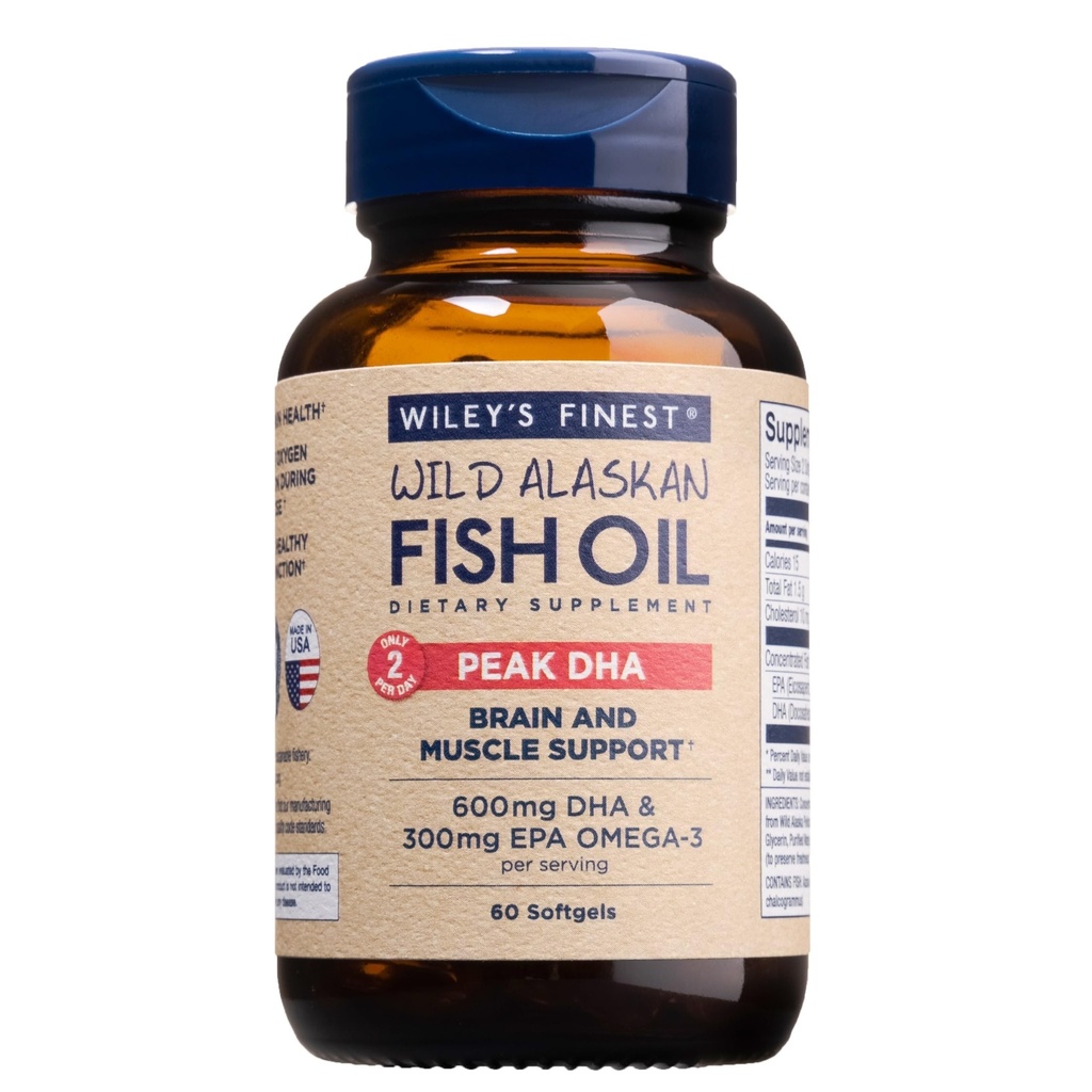 Wiley 's Finest Wild Alaska Fish Oil Peak DHA - 900mg EPA dan DHA Omega -3s - 60 Softgels (30 Pelayan)