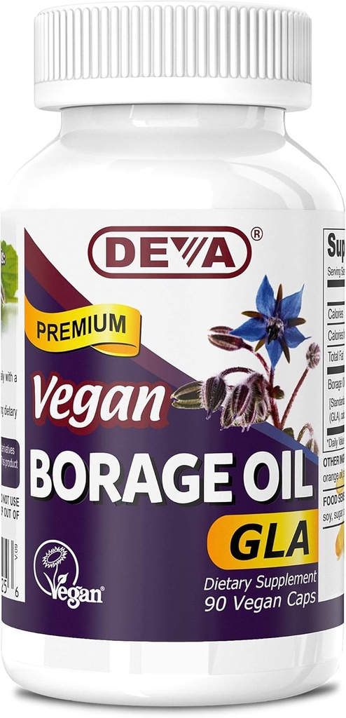 Deva Vegan Vitamin, Borage Oil 500mg, Sumber Kaya Omegaga- 6 Fatty Acid GLA (Acid linolenic Gamma), Cold- Menekan Unfure, 90 Tablet, 1-Pack