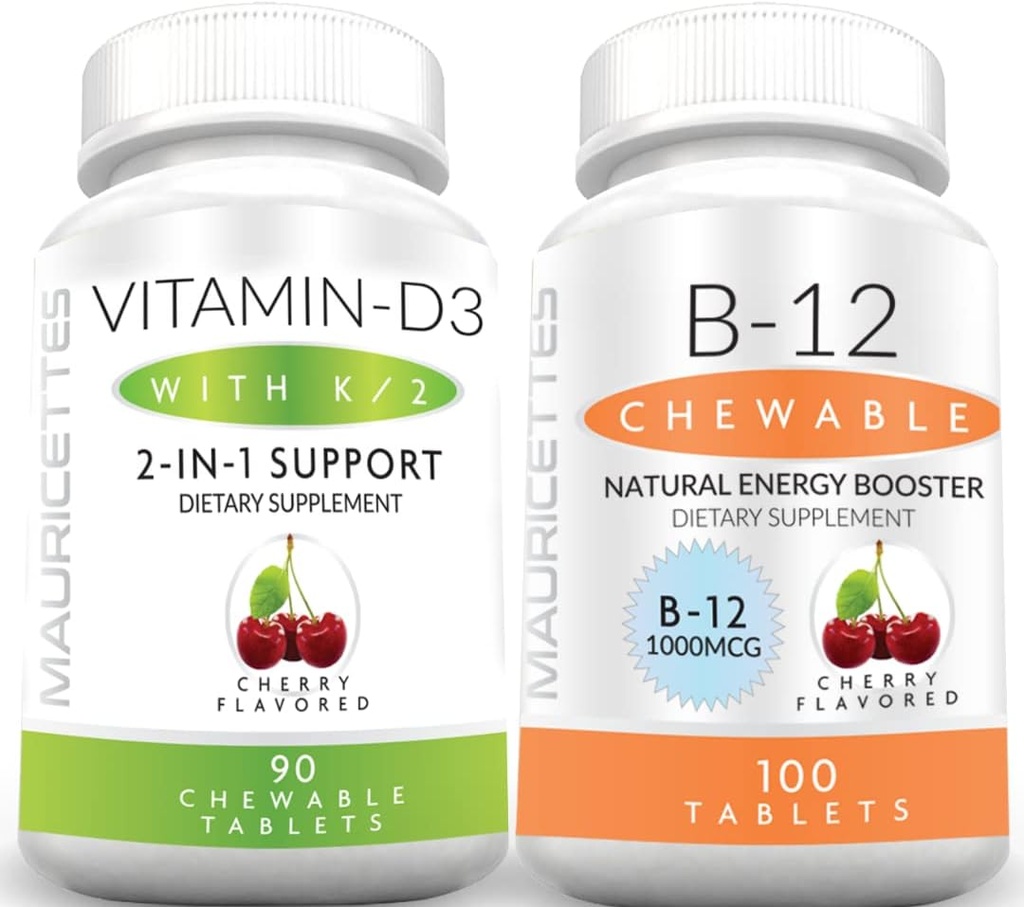 Mauricettes Chewable Vitamin D3 dengan K2 & Chewable Vitamin B12 1000 mcg Energi dan Hammune Dukungan Bundle