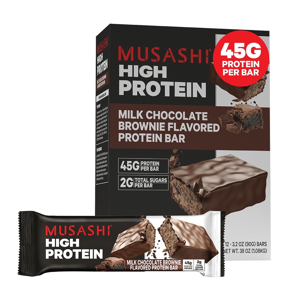 Bar Protein Tinggi MUSASHI, 45g Protein, 2g Total Sugars, Milk Chocolate Brownie, Post Workout dan Protein Snack On The Go, 12 Pack of 3.2oz (90g) Bars