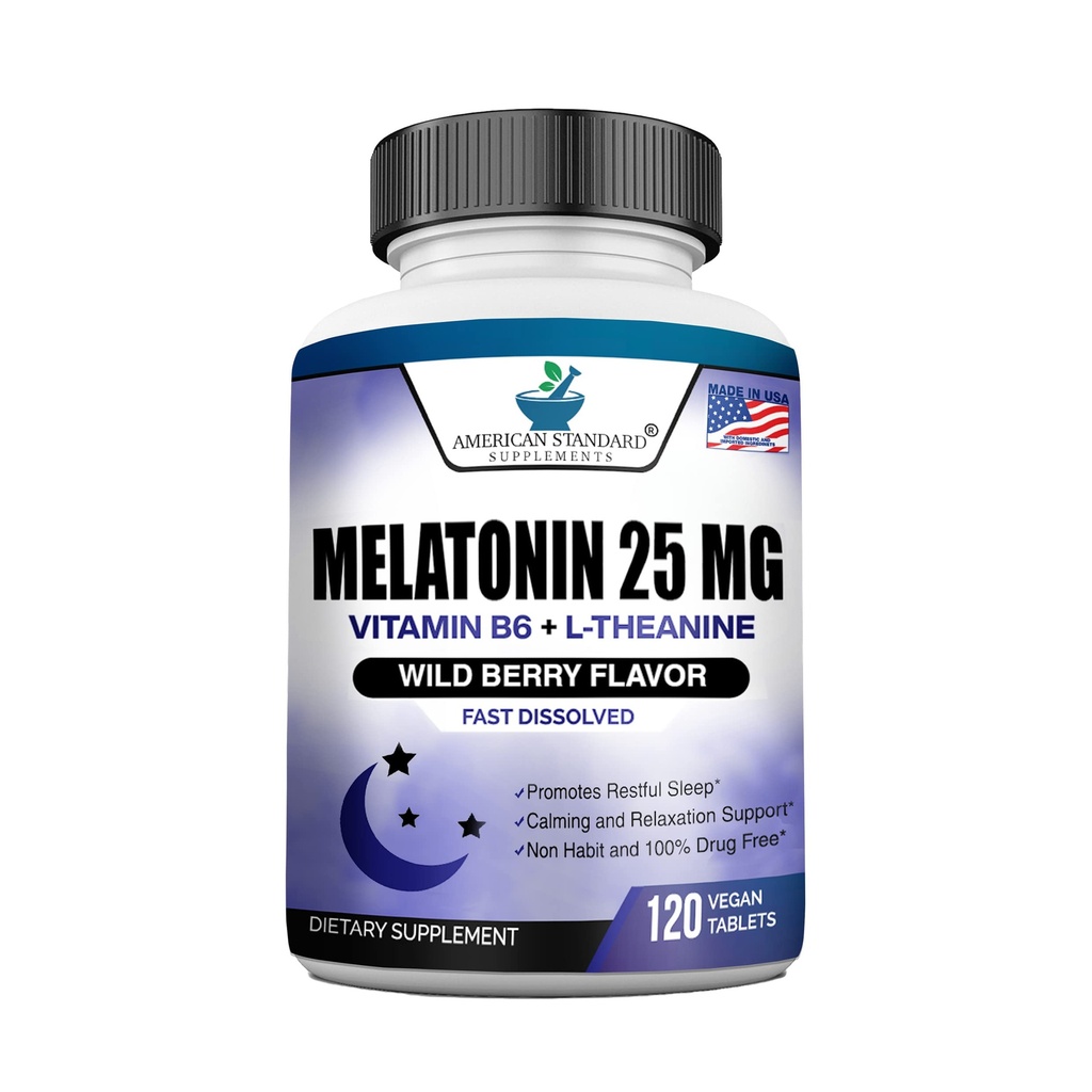 Melonatin 25mg Per One Tablet, 120 Chewable Tablet dengan L-Theanine & Vitamin B-6, Pendukung Siklus Sehat, Promotes Calling & Restful Sleep, Vegan, NON GMO, Made In USA