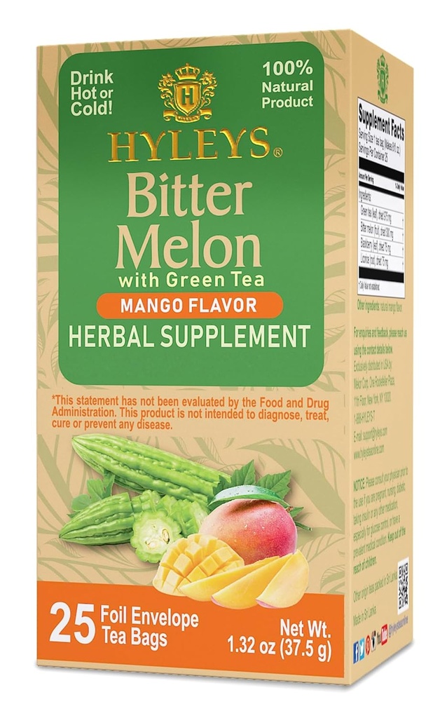 Hyleys Bitter Melon with Green Tea - Mango Flavor - 25 Tea Bags - Support Healthy Liver Fungsi - Herbal Suplemen - (6 Paket - 150 Tea Bags Total)