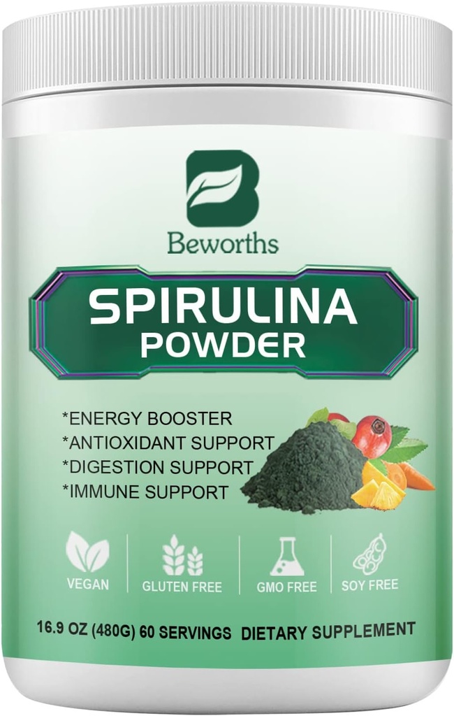 Spirulina Powder, Super Greens Powder Smoothies & Juice Mix with Spirulina, Progitive Digetical Enzymes, Chlorella, Vegies Fruits, Wheat Grass for Immunity, Dipascable Supports - Vegan