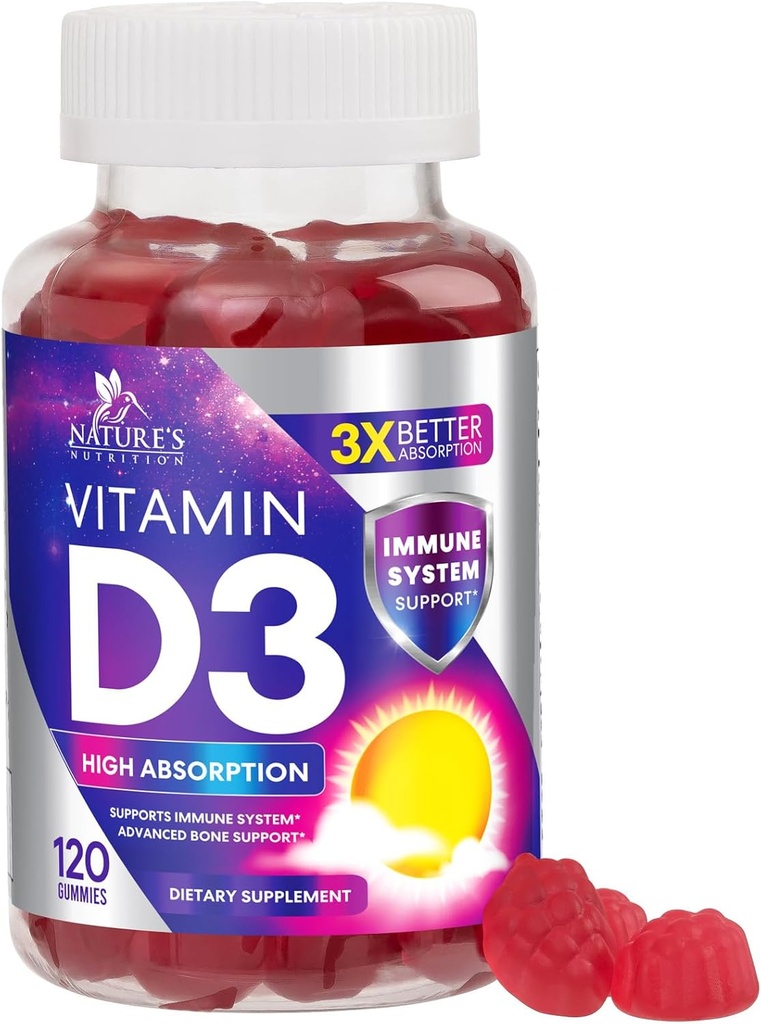 Vitamin D3 Gummy 5000 IU (125 mcg) - Dietary Vitamin D Suplement for Women & Men - Bone, Teeth, Muscle & Imune Health Support, High Potensi D3 Nature 's Nor-GMO & Gluten Free - 120 Gummies
