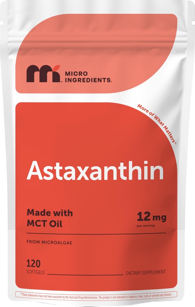 Mikro Ingrediens Astaxanthin 12mg dengan MCT Oil, 120 Softgels, 4 Bulan Supply 124; Premium Astaxanthin Antioksidant Suplemen * 124; Segar Mikrogalgae Sumber 124; Triple Kekuatan, Non-GMO, Bebas Gluten, Tanpa Soy