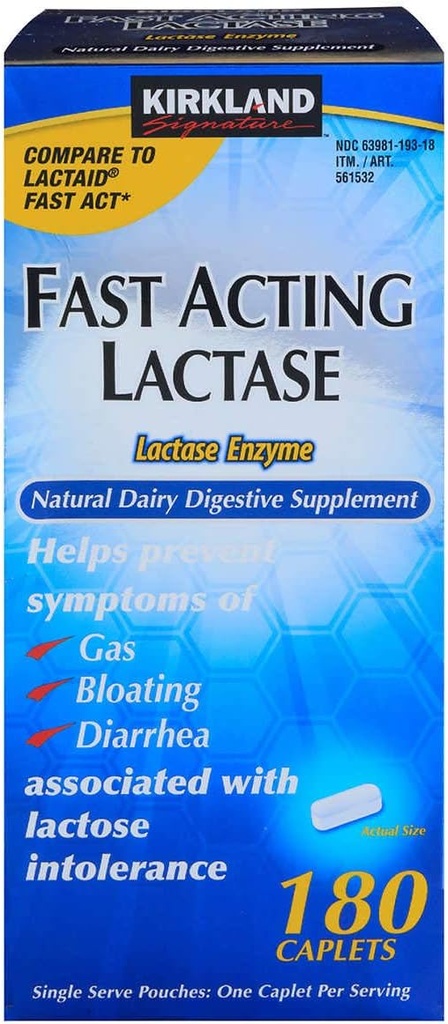 Kirkland Signature Fast Acting Lactase Natural Dairy Digetical Suplemen, 180- Count Caplets