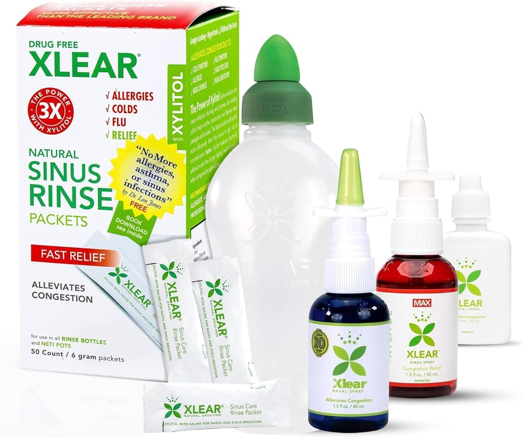 Kit Relief Allergy Xlear, Kit Penyelamatan Allergy sepanjang hari termasuk Xlear Nasal Spray dengan Xylitol, Xlear MAX Nasal Spray, Xlear Nasal Rinse Neti Pot dan 50 Isi Paket