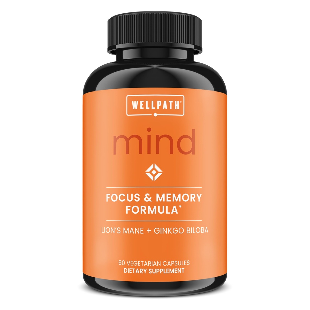 Suplemen Otak Wellpath untuk Memori dan Fokus dengan Mane Lion 124; Ginkgo Biloba dan L- Theanine untuk Dukungan Kognitif Jangka Panjang: Vegan, Non-GMO, 60 CT