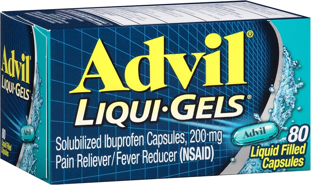 Advil Liqui- Gels Pain Reliever and Fever Reducer, Pain Medicine for Adults with Ibuprofen 200mg for Headache, Bacache, Menstrual Pain and Joint Pain Relief - 80 Liquid Filed Capsules