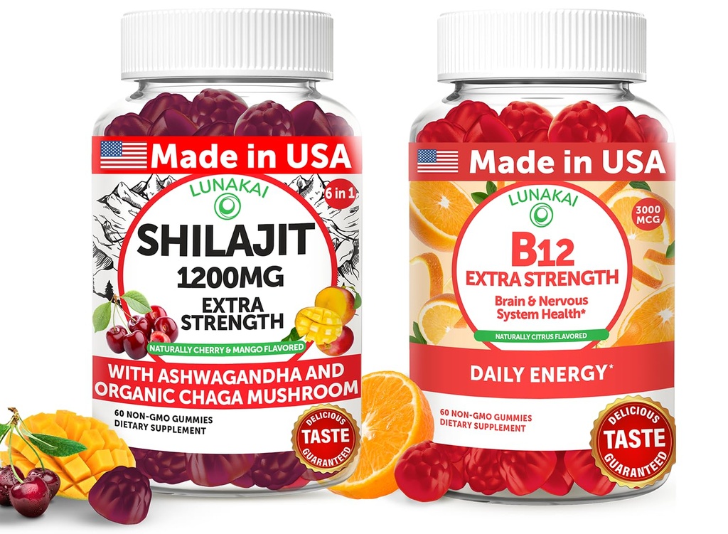 Lunakai USA Made Shilajit & B12 Ekstra Gummies Bundle - Energy, Focus, and Daily Wellness - Vegan & Delicious
