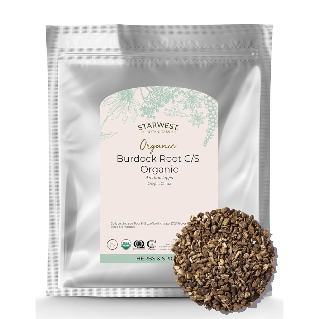 Starwest Botanicals Burdock Root Organik - Sumber Natural Antioksidan, Loose Herb for Tea, Rice, Soup, & Stews, Cut & Sifted, Kosher, Non-GMO