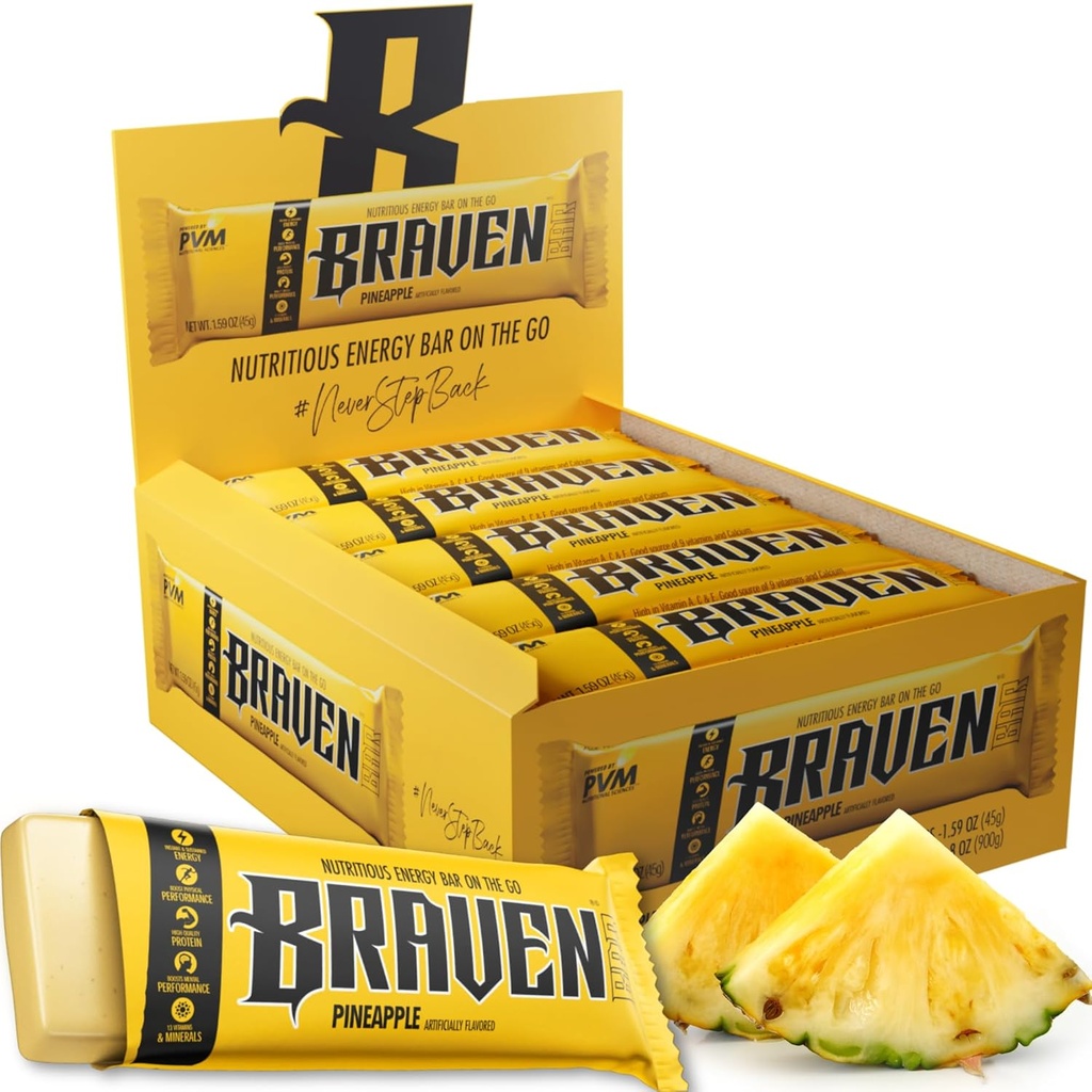 Braven Bar Pineapple Energy Bars (1.59 oz, Paket 20) - Energi Mengunyah dengan 5g Protein