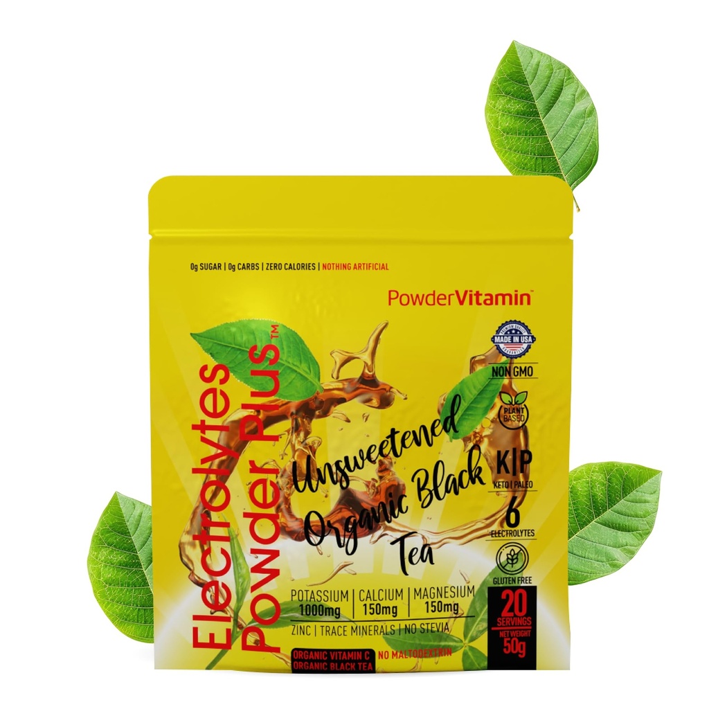 PowderVitamin Electrolytes Powder Plus (20 pelayan) Unsweetened Black Tea Electrolyte Powder Keto, SugarFree, Pink Himalaya Salt, 100mgPotasium, 150mgCalcium, 150mgMagnesium, Hidration Powder NO STEVIA